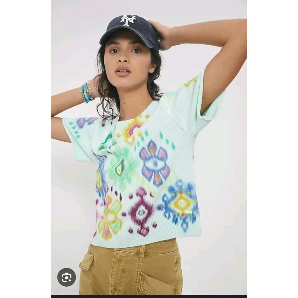 Anthropologie Meera Embroidered Short Sleeves Multicolor Sweater Size Small